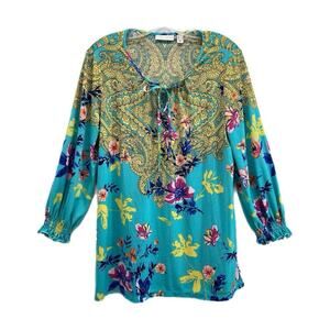 SUSAN GRAVER Liquid Knit Floral Tunic Top Size M Aqua Blue Tie Neck Long Sleeve